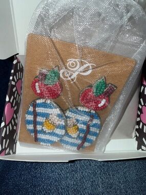 #1105 Plunder “Apple of My Eye” Red Cherry & Blue Stripe Beaded Earrings